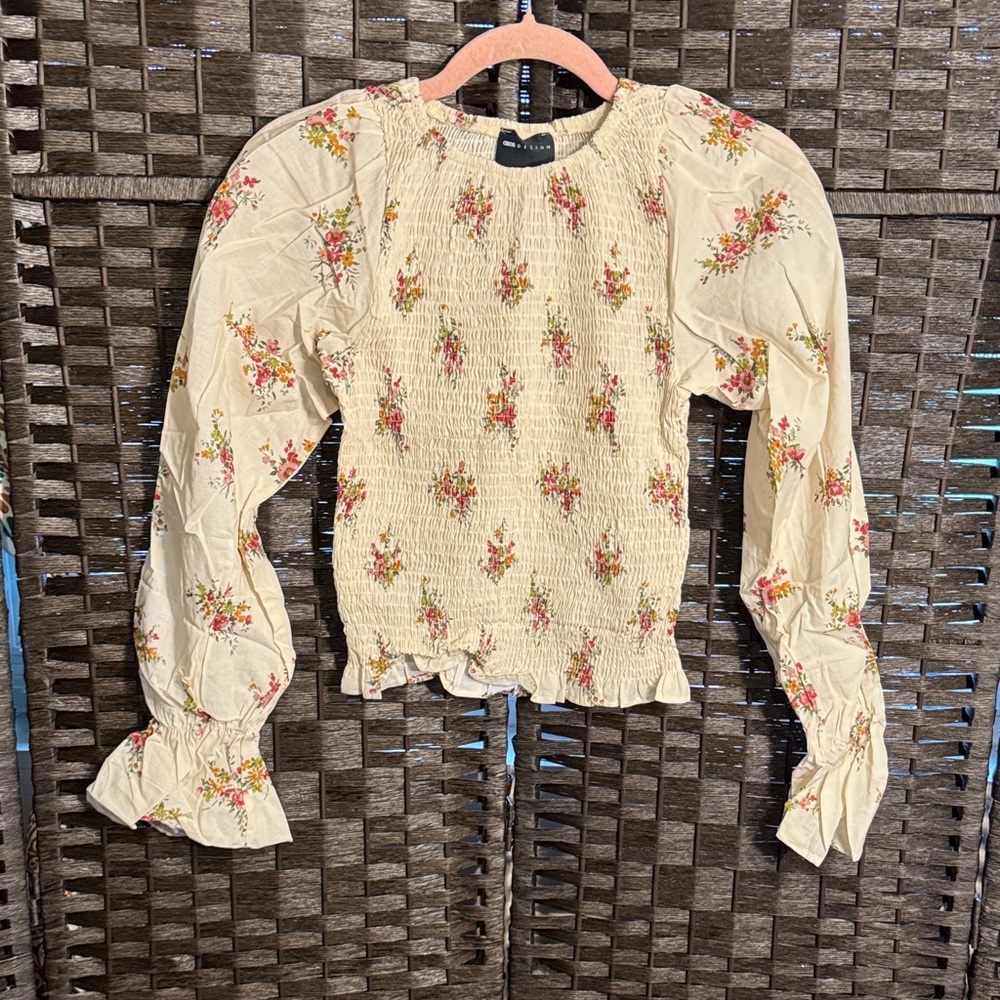 ASOS Design Cotton Shirred Blouse in Floral Long Sleeve Cream Floral Size Small